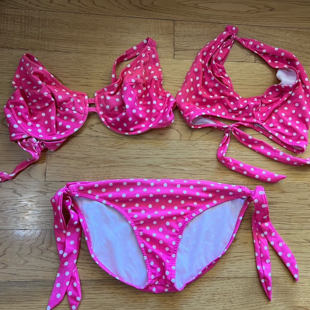 What Women Want Pink Polka Dot Bikini M Bottom w/ 2 XL Tops